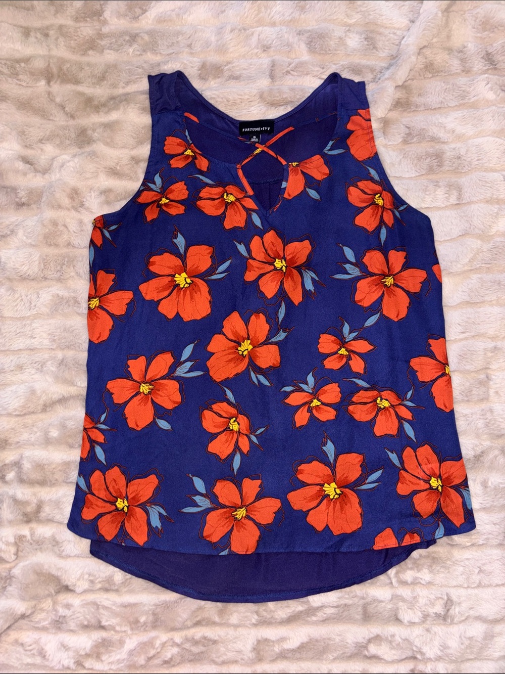 Forever New Royal Blue Sleeveless Top with Bright Orange Floral Print